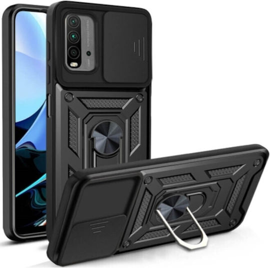 Bodycell Armor Slide Robuste Handyhülle Xiaomi Redmi 9T Mit Kameraabdeckung & Metallischem Ringhalter Schwarz