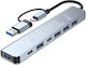 NSP N38 Hub 7 Θυρών USB 3.0 με σύνδεση USB-A / USB-C Ασημί