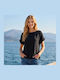 Damen Bluse Baumwolle Kurzärmelig Schwarz