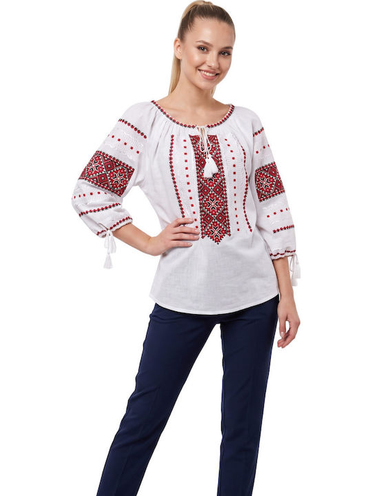 Bluza Damă Bumbac Mânecă Lungă Alb/Portocaliu