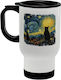 Koupakoupa Starry Night Cat Stainless Steel Thermos Bottle 450ml White with Handle and Straw