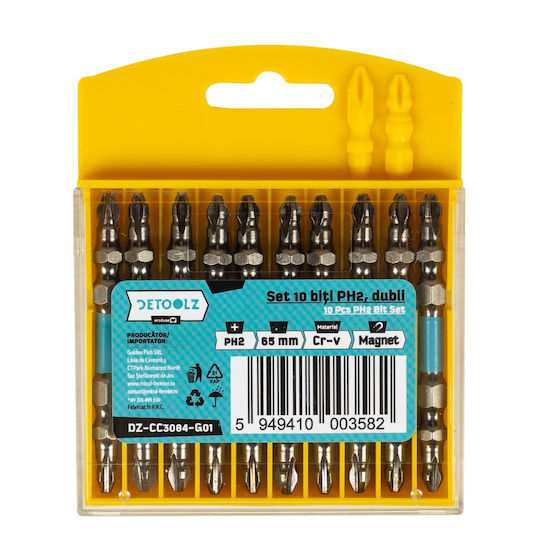 Set 10 Biți Pentru Șurubelniță Double Impact Ph2 65mm Cr-v Magnet Detoolz