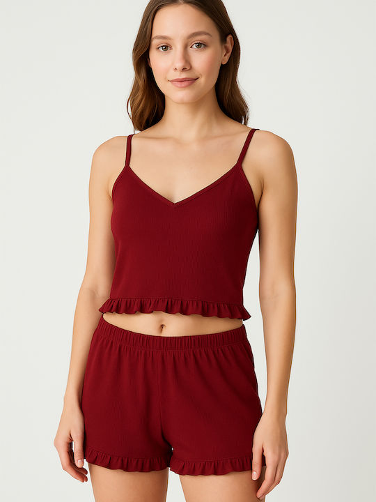 Set Pijamale Dama De Vară Din Bumbac Burgundy