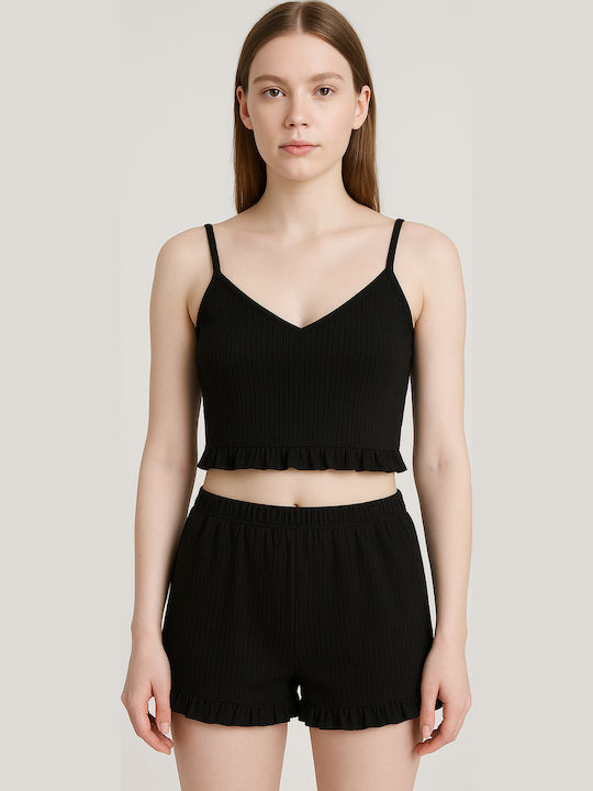 Set De Pijamale Dama De Vară Din Bumbac Negru