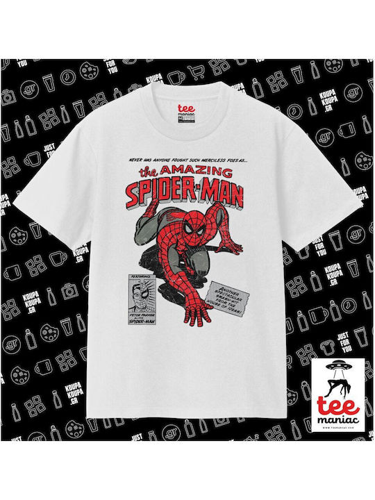 Spiderman Amazing Weiß Klassisches T-shirt Doppelte Naht Ohne Seitennähte 100% Baumwolle Vegan & Oeko-tex Zertifiziert