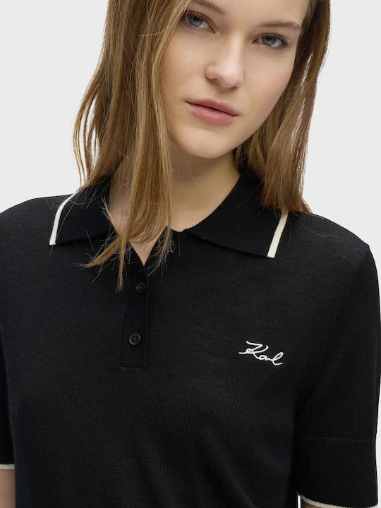 Karl Damen Polo Bluse Gestreift Schwarz