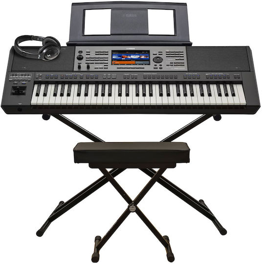 Yamaha Yamaha Arranger PSR-A5000 mit 61 Dynamischen Tasten mit Befestigungswinkel, mit Kopfhörern und Hocker Schwarz Bündel