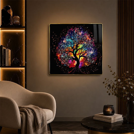Modern Dekoratives Gemälde Baum Leben Mehrfarbig 3D Geprägte Kristalle Goldener Rahmen 40x40 cm