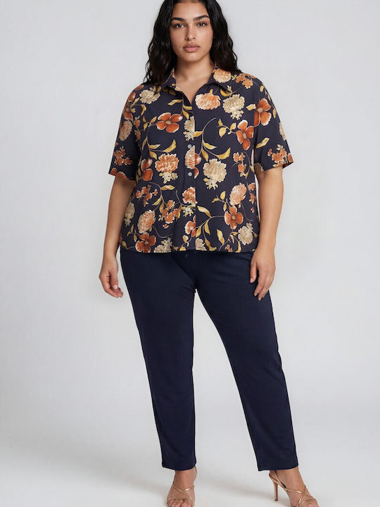 Women's Fabric Trousers with Rubber Band in Straight Leg Style Dark Blue