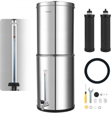 Vevor Water Filtration System Gravity Feed Countertop Water Filtration System Stainless Steel 12.3L 304 Reduces Lead Up To 99% Chlorine 2 Carbon Filters Water Level Faucet Camping At Home
