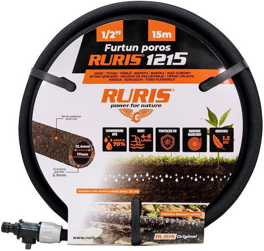 Ruris 1215 – Furtun Poros De Picurare Pentru Irigare 4-6 L Min Debit Rezistent La Uv 15 M 1/2"