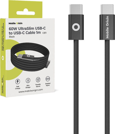 Mobile Origin Braided USB 2.0 Video Cable USB-C Male - USB-C 60W PD Black 1m MO-USC-CB11-BLK