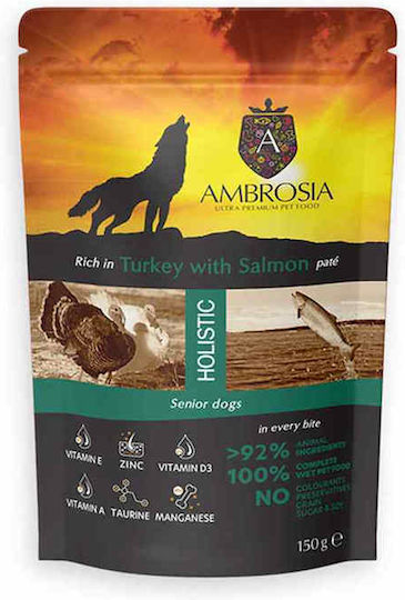 Ambrosia Hrană Umedă pentru Câini Seniori în Pliculeț cu Curcan, Somon, Broccoli și Păsări de Curte 150gr