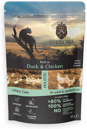 Ambrosia Wet Cat Food for Adult Cats in Pouch with Duck and Chicken 85gr