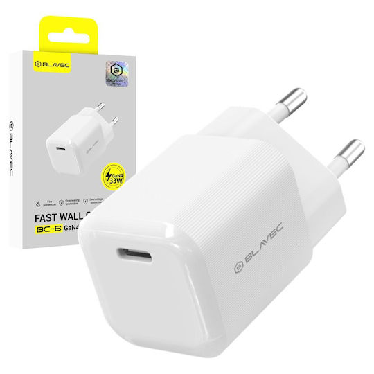 Blavec Зарядно Устройство Без Кабел GaN с USB-C Порт 33W Power Delivery / Quick Charge 3.0 / Quick Charge 4+ Бял (BC-6)