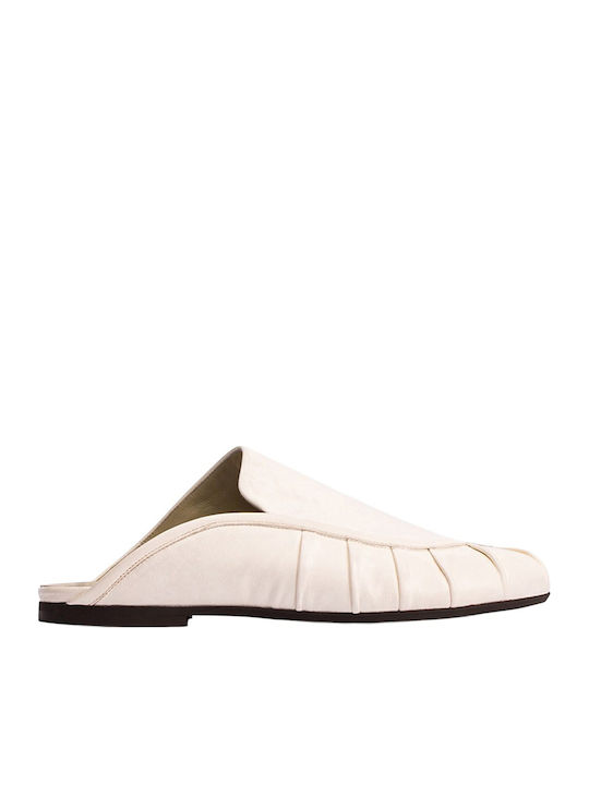 Poeve Flat Leder Damen Pantoletten in Creme Farbe