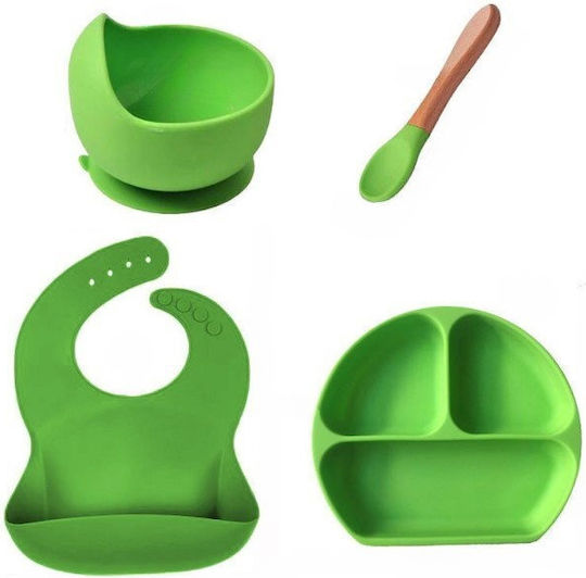 Set De Hrană Din Silicon Cu Bază Antiderapantă Verde 4 Piese