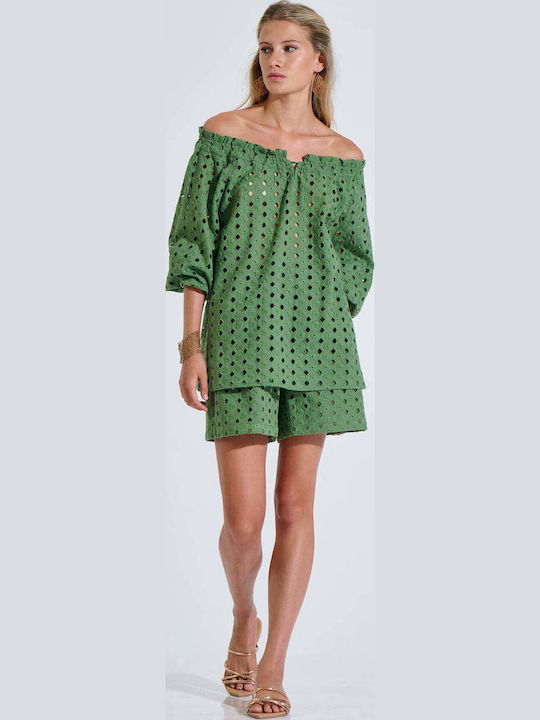 Bluză Damă Din Bumbac Off-Shoulder Cu Mânecă 3/4 Verde