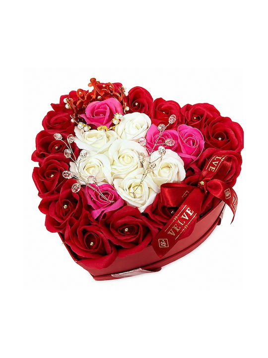 Aranjament Floral Regal 25 Trandafiri De Săpun Coroană Regală Aurie Accesorii De Lux În Cutie În Formă De Inimă Roșu-Roz-Alb