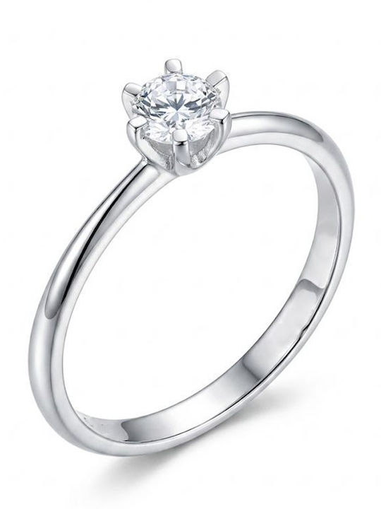 Paraxenies Single Stone Ring in White Gold 9K with Zircon