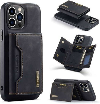 DG.MING Synthetic Leather Wallet / Tempered Glass Black (iPhone 15 Pro) Case085039