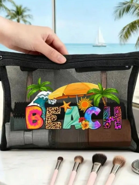Neseser Transparent De Baie Pentru Cosmetice Cu Plasă Și Imprimeu De Vară „Beach” Negru
