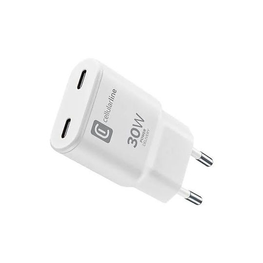 Cellular Line Зарядно Устройство Без Кабел GaN С 2 USB-C Изходни Порта 30W Power Delivery Бяло
