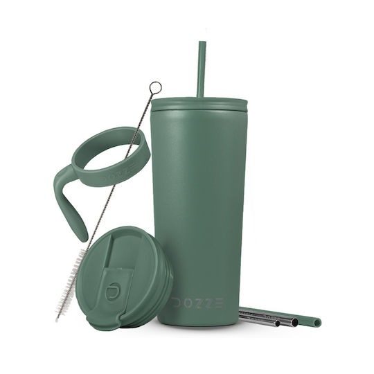 Dozze Monochrome Edition Handled Tumbler Thermos Bottle Stainless Steel BPA Free 592ml Sage Green With Straw And Handle