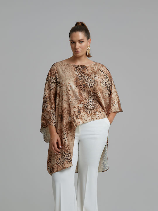 Bluza Damă Satin Mâneci Scurte Animal Print Maro