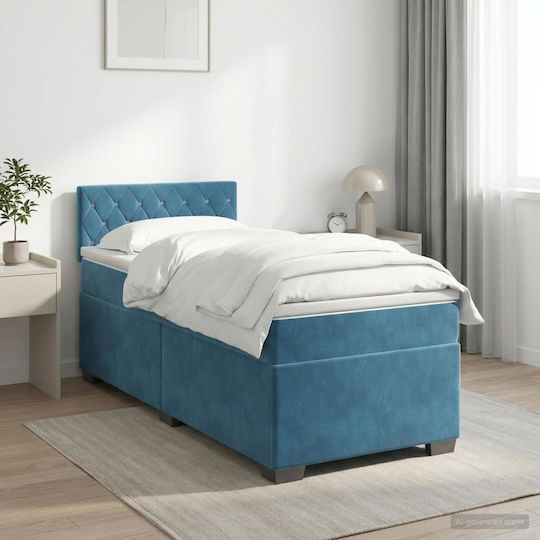 Single Bed Upholstered in Velvet Dark Blue with Slats and Mattress 90x200cm