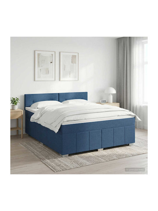 Double Bed Upholstered with Fabric Blue with Sl...