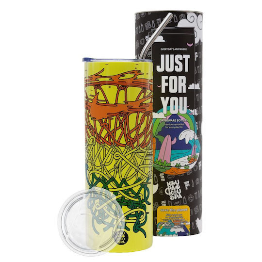 Koupakoupa Basket Net Thermos Stainless Steel BPA Free 600ml Neon Yellow with Straw and Handle