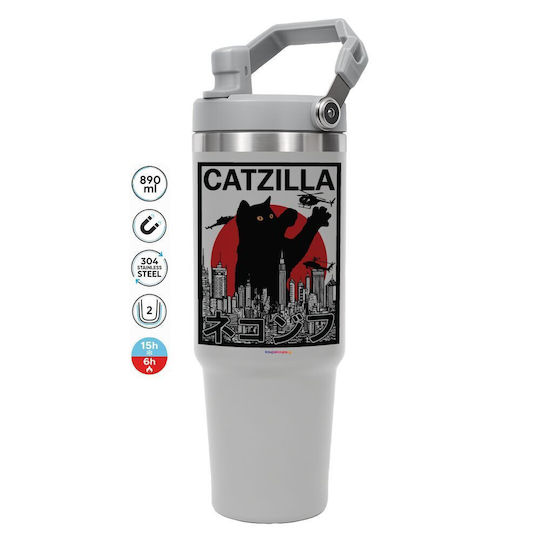 Koupakoupa Catzilla Thermos Stainless Steel 890ml Grey with Straw and Handle