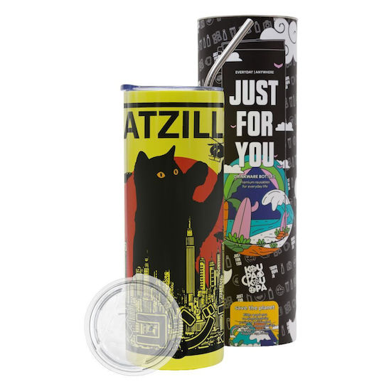 Koupakoupa Catzilla Thermos Stainless Steel BPA Free 600ml Neon Yellow with Straw and Handle