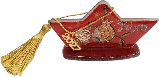 Kalliopi Silver Handmade Tabletop New Year's Lucky Charm Red Glass Boat 2027 6x11cm