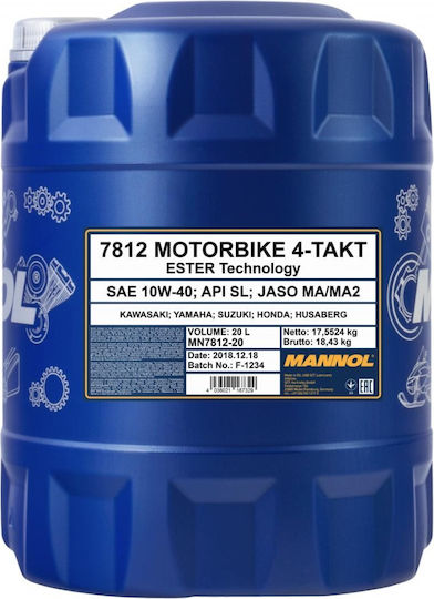 Mannol 10W-40 Синтетично Масло За Мотоциклети За Четиритактови Двигатели 20lt