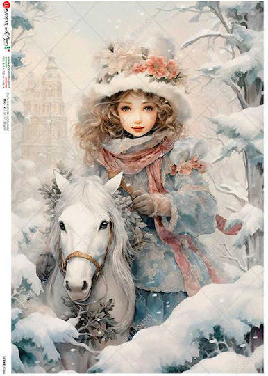 Decoupage Rice Paper Scene of Horseback Riding in the Snow 22x32cm