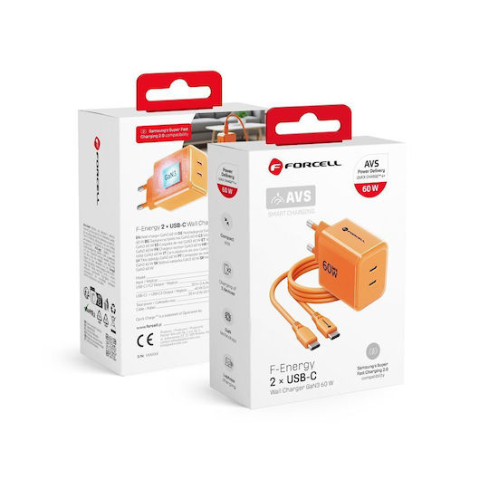 Forcell Încărcător GaN cu 2 Porturi USB-C și Cablu USB-C - USB-C 60W Power Delivery / Quick Charge 4.0 Portocaliu (F-Energy)