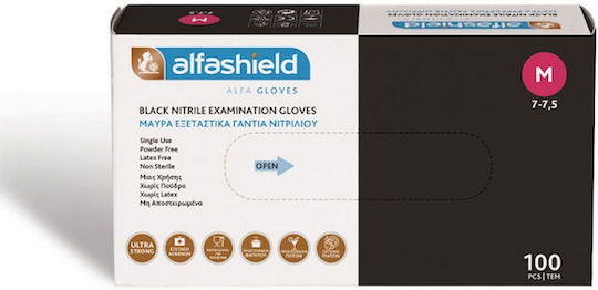 Karabinis Medical Alfashield Alfa Gloves Black Strong Nitrile Gloves Powder Free in Black Colour 100 Pieces