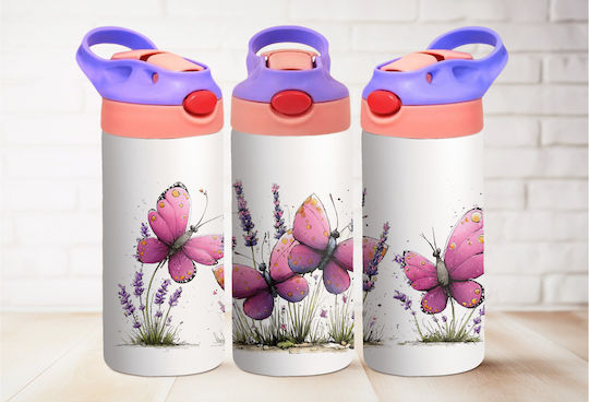 Stainless Steel Cap Kids Water Bottle Butterflies Thermos with Straw Pink 360ml