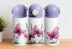 Stainless Steel Cap Kids Water Bottle Butterflies Thermos with Straw Pink 360ml