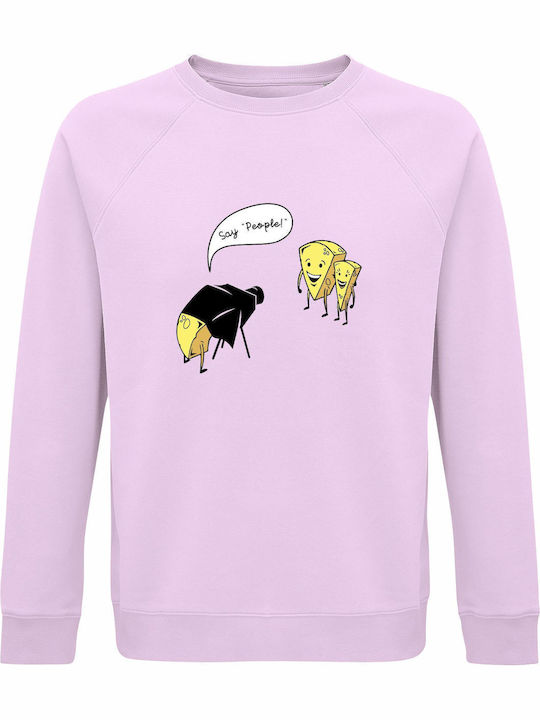 Bio-Baumwolle Unisex Sweatshirt In Cheese World Sag 'People Funny Cheese Lover' Cremiges Rosa