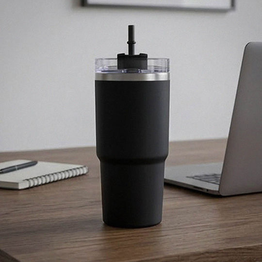 TnS Thermos Stainless Steel Cup 600ml Black with Straw