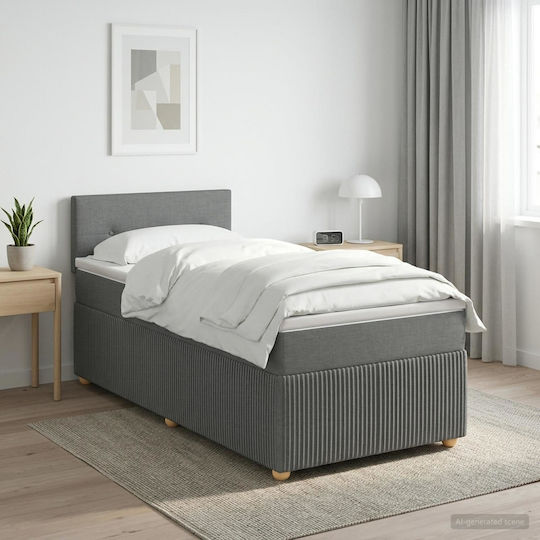 Pat Single Tapițat cu Material Gri Închis cu Plăci și Saltea 80x200cm