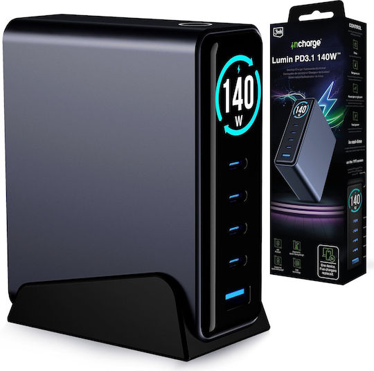 3MK База За Зареждане GaN С USB-A Порт И 4 USB-C Порта 140W Power Delivery В Черен Цвят (InCharge)