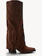 Brown Cowboy Suede Boots Fringes High Heel