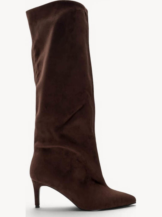 Brown Kitten Heel Boots Suede Pointed Line