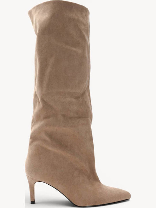 Beige Kitten Heel Boots Suede Pointed Toe