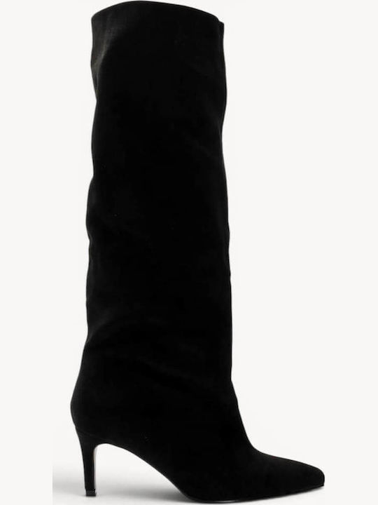 Black Kitten Heel Suede Boots Pointed Toe