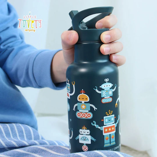 A Little Lovely Company Rostfreies Kinder Trinkflaschen Set Thermos mit Stroh Silber 350ml